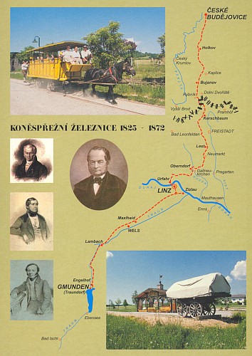 Pohlednice s mapkou prodloužené trasy koněspřežky, kde je zvýrazněná zemská hranice ovšem až pozdějším nesmyslem