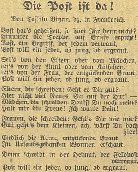 Jeho báseň z válečného nasazení ve Francii, jak ji otiskl v listopadu 1942 německý budějovický list