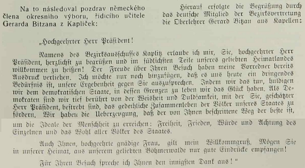 Pozdravný projev při návštěvě prezidenta Beneše v Kaplici roku 1937