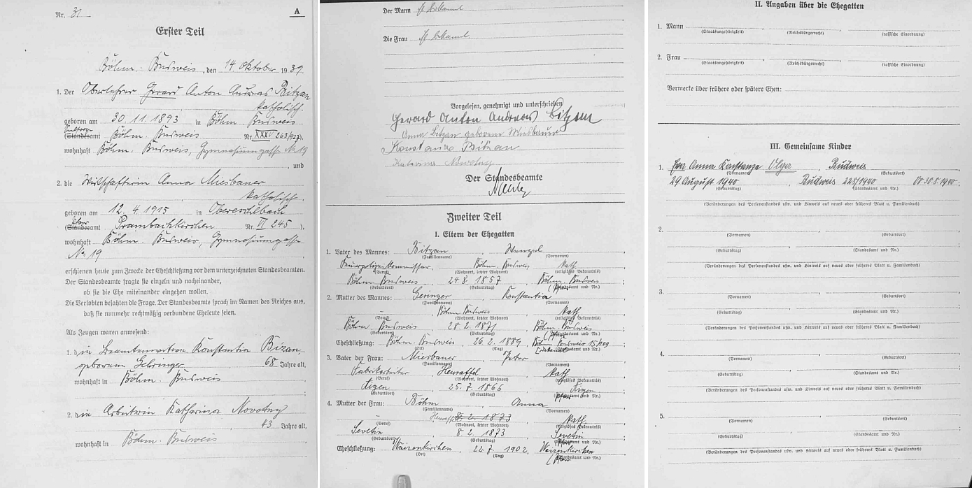 Podrobný třístránkový záznam německé stavovské matriky o jeho druhé svatbě roku 1939