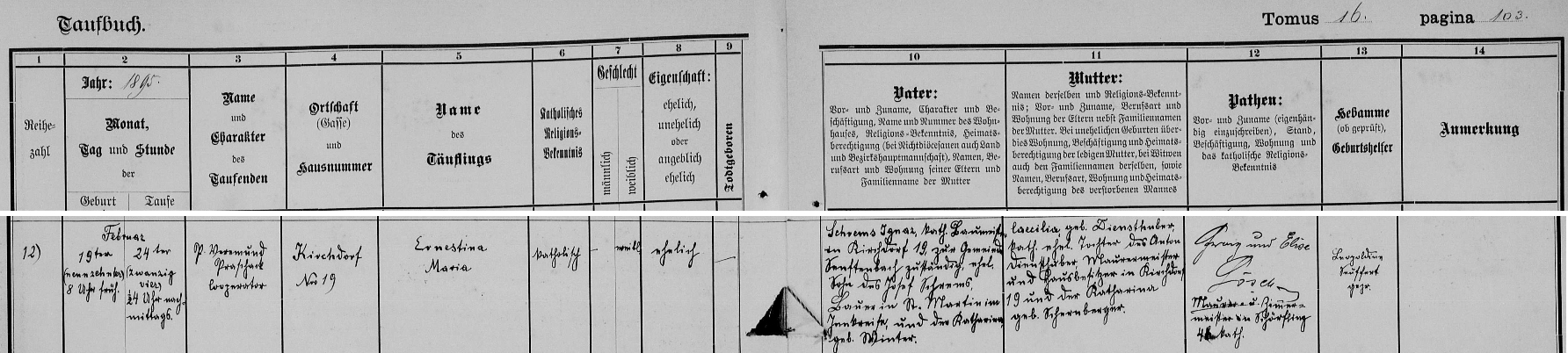 Záznam křestní matriky hornorakouské farní obce Kirchdorf an der Krems, kde se narodila a byla pokřtěna jako Ernestine Maria Schremsová - otec Ignaz Schrems, syn rolníka Josefa Schremse v Sankt Martin im Innkreise a Kathariny, roz. Winterové, byl v Kirchdorfu an der Krems čp. 19 zdejším stavitelem (Baumeister), matka Caecilia byla dcerou zednického mistra (Maurermeister) a majitele domu v Kirchdorfu an der Krems čp. 19 a jeho ženy Kathariny, roz. Schernbergerové