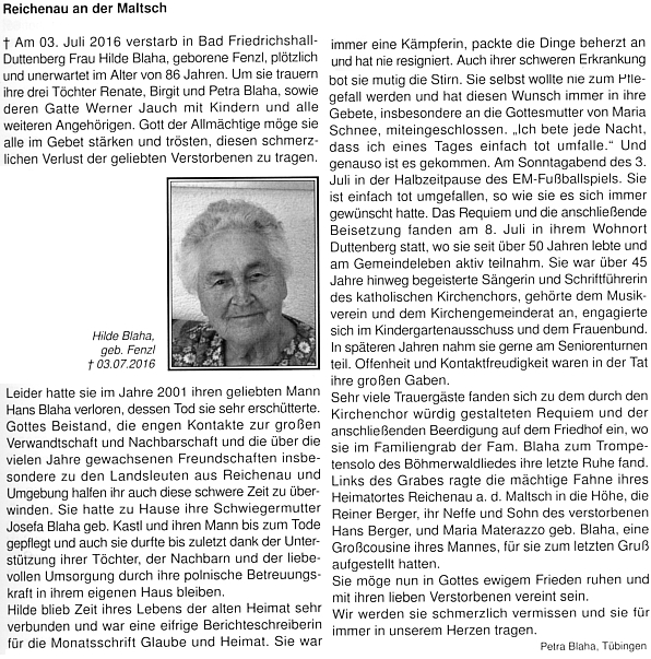 ... a její na stránkách krajanského měsíčníku, v jehož řádcích se dočteme i o tom, jak pečovala až do jejich skonu o rodiče svého muže Hanse, rozuměj tím i o rodiče jeho bratra Karla Blahy