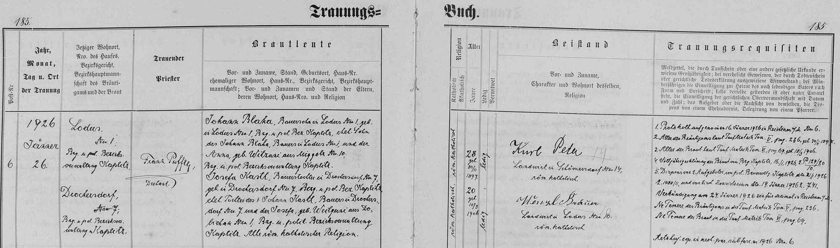 Záznam oddací matriky farní obce Rychnov nad Malší o zdejší svatbě jeho rodičů dne 26. ledna roku 1926 - ženich Johann Blaha, sedlák v Mladoňově čp. 1 (*30. listopadu 1897 zde v Mladoňově), byl synem hospodáře téhož jména tamtéž a jeho ženy Anny, roz. Witzaniové z Mikol (Miggolz) čp. 10, nevěsta Josefa (*10. března 1906 v Drochově /Drochersdorf/ čp. 7) byla dcerou Johanna Kastla, sedláka v Drochově čp. 7, a jeho manželky Josefy, roz. Weilguniové z Dobechova (Dobichau) čp. 1. Oddávajícím knězem byl děkan František Puffer (*1. prosince 1861 v Kamenném Újezdě čp. 8 /"U Zátků"/, †12. ledna 1929 v Českých Budějovicích, pochován v Kamenném Újezdě)