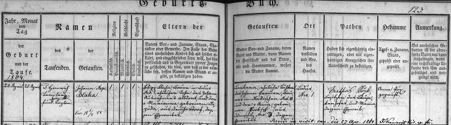 Záznam křestní matriky farní obce Rychnov nad Malší o narození jeho děda Johanna Nepomuka Blahy dne 20. dubna roku 1864 ve zcela dnes zaniklém
Mladoňově čp. 1, kde hospodařil i novorozencův otec Filipp Blaha se svou ženou Barbarou, roz. Prommerovou z Hradiště (Radischen) čp. 11 a předtím i novorozencův děd Johann se svou manželkou Mariannou, roz. Rigádaovou z Drochova. Novorozencova matka Barbara byla dcerou Johanna Prommera z Hradiště a Anny, roz. Pabschové ze dnes rovněž zcela zaniklých Benčic (Wentschitz)