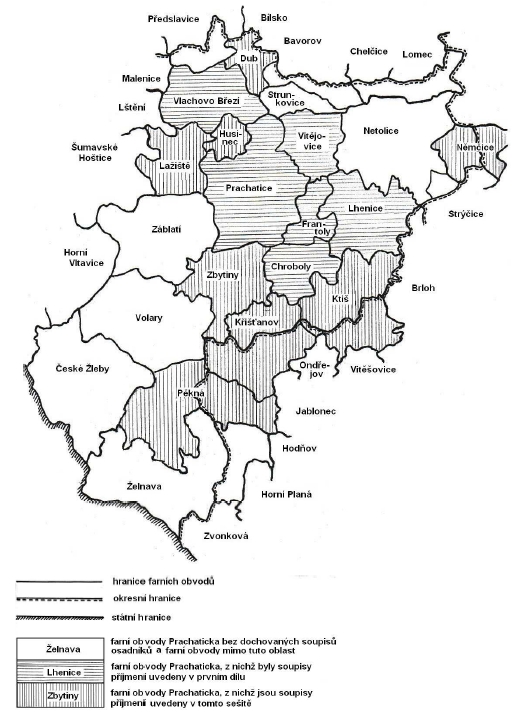 Mapka farních obvodů Prachaticka ze druhé části rejstříků ke jmennému fondu v soupisech jejich osadníků
v 18. a 19. století, kde se příjmení Bláhovec vyskytuje i ve farnosti Husinec, s Lažištěm sousedící