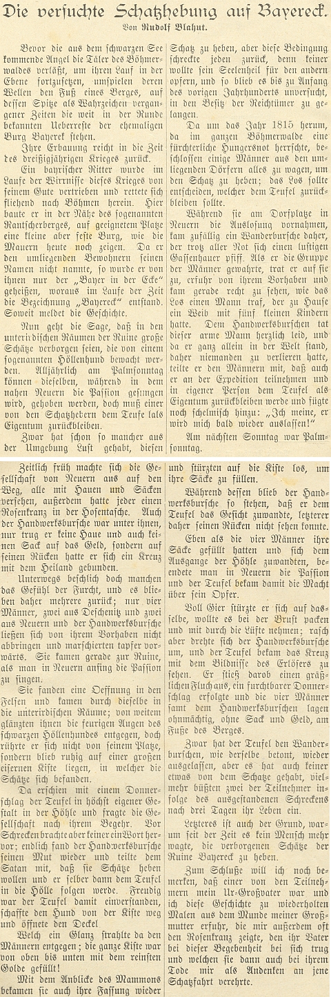 Už v roce 1903 otiskl v časopise Der Böhmerwald toto vyprávění o pokladu na hradě Pajrek, které slýchal od své babičky