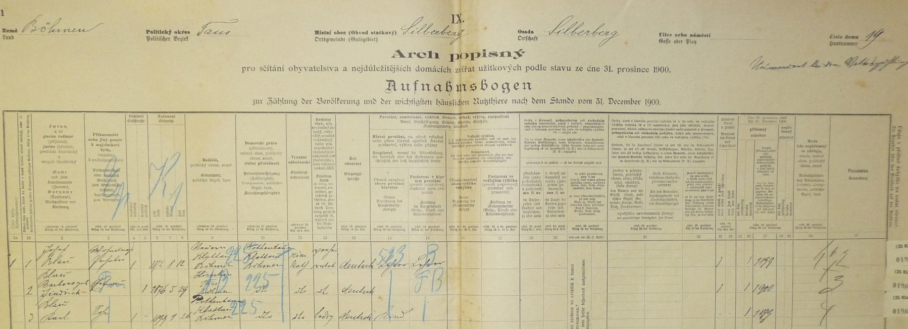 Arch popisný ze sčítání lidu (census) 1900 zaznamenává v Orlovicích (Silberberg) jeho zdejší pobyt i se ženou Barborou (*29.5.1876) a synem Karlem (*26.1.1899)