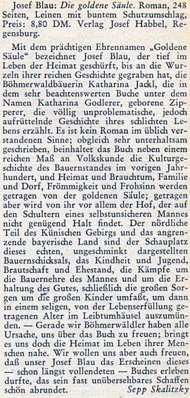 Recenze jeho románu "Die Goldene Säule" na stránkách krajanského měsíčníku, jejímž autorem je Sepp Skalitzky