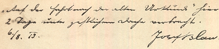 Jeho zápis v knize hostů zámečku Horní Staňkov, který patřil Gustavu Schreinerovi