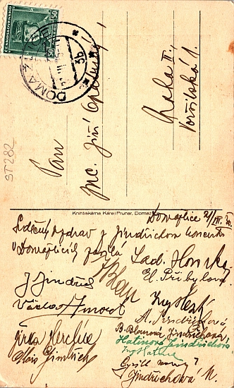 Pohlednice z roku 1930 s podpisy z koncertu Jindřicha Jindřicha v Domažlicích