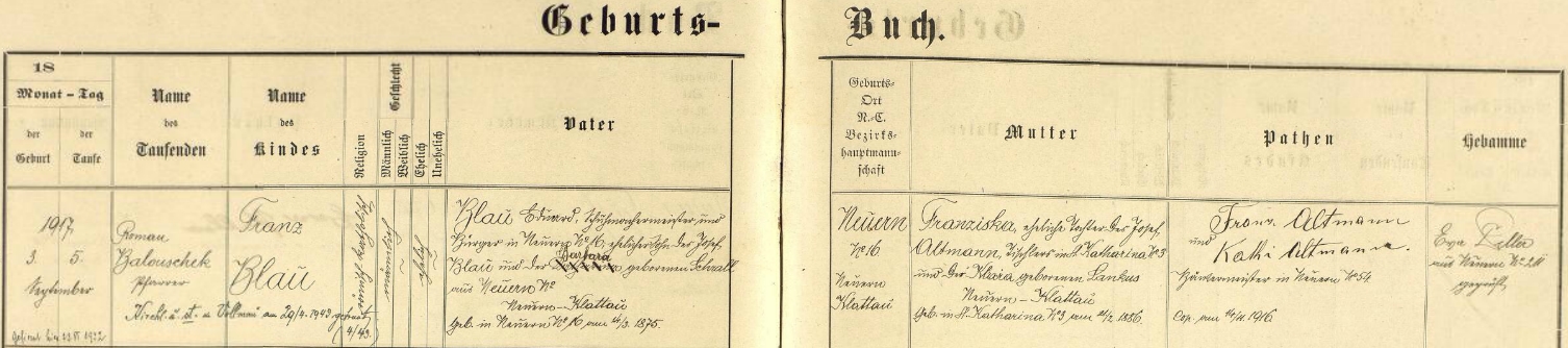 Narodil se podle záznamu nýrské křestní matriky v Nýrsku čp. 16 dne 3. září roku 1917 a dva dny nato ho v nýrském kostele sv. Tomáše Apoštola farář Roman Balouschek i pokřtil jménem Franz Blau - chlapcův otec a nýrský mistr obuvnický Eduard Blau, narozený v Nýrsku 14. března roku 1875, byl synem ševce Josefa Blaua (a tedy i bratrem jeho syna Josefa Blaua "mladšího") a jeho ženy Barbary, roz. Schrallové rovněž z Nýrska, novorozencova matka Franziska, narozená 21. února roku 1886 ve Svaté Kateřině, byla dcerou tamního truhláře Josefa Altmanna a jeho ženy Klary, roz. Lankusové z Hadravy (a tedy i tetou Franzisky Demelové, roz. Altmannové), kmotry dítěte byli pak při jeho křtu nýrský mistr pekařský Franz Altmann, podle něhož dostal zřejmě jeho kmotřenec své křestní jméno, a jeho žena Kathi (Katharina), tedy rodiče zmíněné už Franzisky Demelové, roz. Altmannové