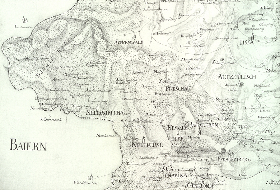 Okolí Pořejova na mapě borského vikariátu z roku 1831