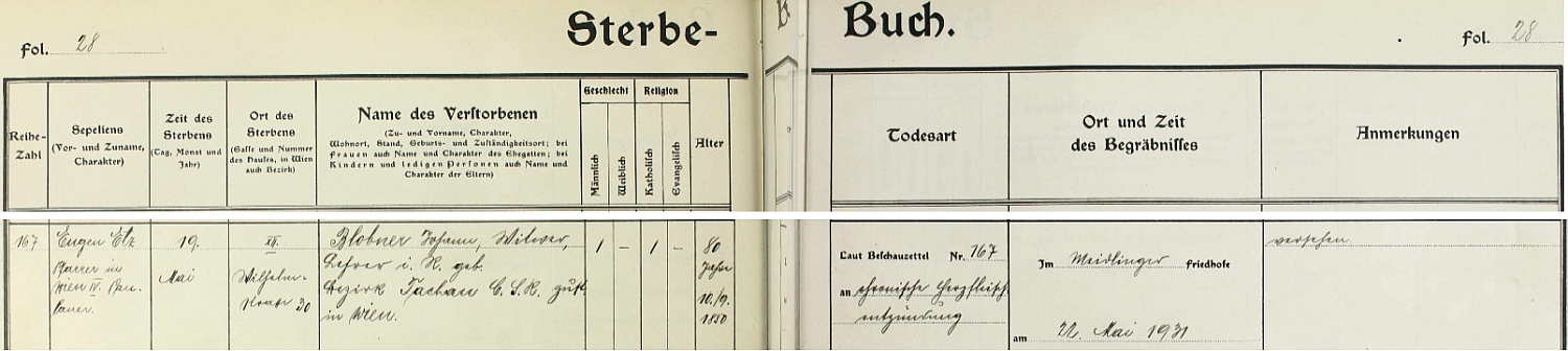 Záznam o jeho úmrtí v knize zemřelých vídeňské farnosti Meidling