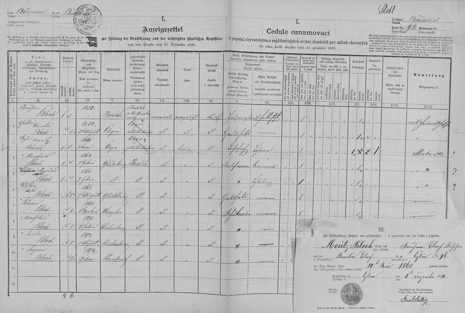 Arch sčítání lidu z roku 1880 pro českobudějovický dům čp. 92 s rodinou Blochovou, mezi jejímiž příslušníky figuruje i on