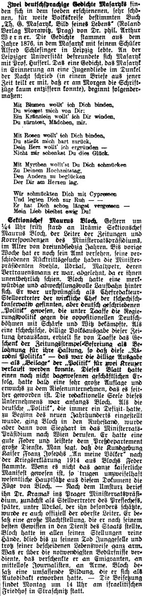 O tom, jak významnou osobností byl, svědčí rozáhlý nekrolog v Prager Tagblatt hned za citací neznámých německých veršů T. G. Masaryka