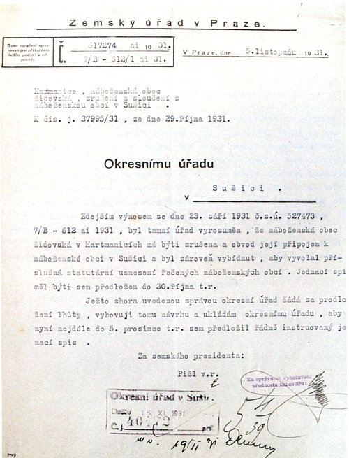 Přípis Zemského úřadu v Praze Okresnímu úřadu v Sušici ze dne 5. listopadu 1931 o plánovaném zrušení Židovské náboženské obce v Hartmanicích