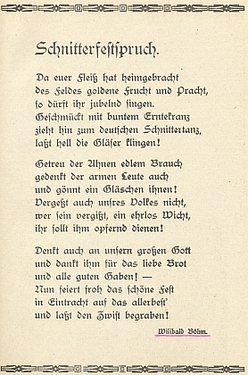 Jeho báseň "Slavnostní průpověď ženců" vyšla ve válečném kalendáři, vydaném v Budějovicích roku 1942 a na obálce provázeném citátem z Adolfa Hitlera