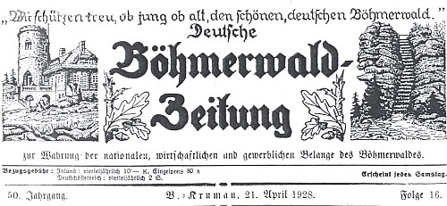 V listě Deutsche Böhmerwald-Zeitung, který vycházel 1878-1945 v Českém Krumlově,
publikoval už v roce 1896 svou prvotinu (toto je záhlaví jednoho z čísel 50. ročníku)