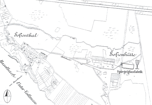 Žofiina Huť u vsi Černá Řeka s údolím Černého potoka na mapě z období kolem roku 1904