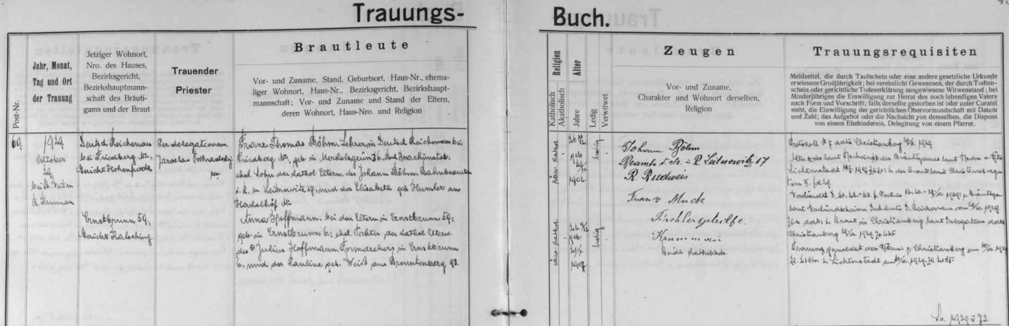 Českokrumlovská oddací matrika uchává tento záznam o jeho svatbě v českokrumlovském kostele sv. Víta 29. října roku 1929 - ženich Franz Thomas Böhm byl v té době učitelem ve dnes zcela zaniklém Rychnůvku, nevěsta Anna, narozená 21. ledna 1907, byla dcerou Julia Hoffmanna, obraceče forem v arnoštovské sklárně čp. 6, a Pauliny, roz. Weißové ze Spálence (Brenntenberg) čp. 93