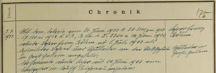 Záznam školní kroniky dnes zaniklého Rychnůvku o jeho odchodu odtud do Velkých Skalin v roce 1933