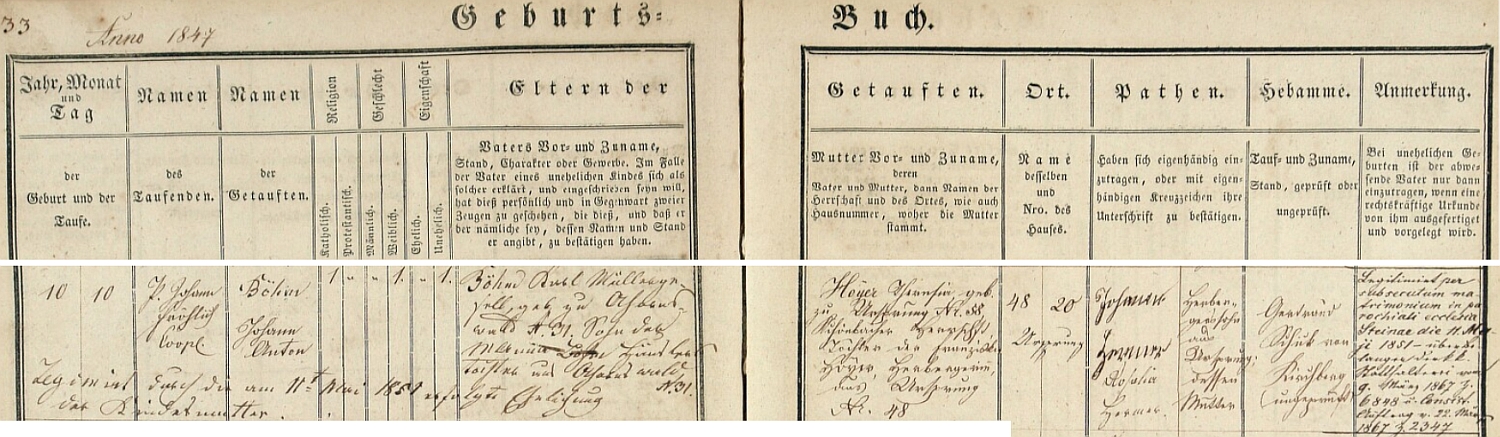 Záznam o jeho narození v křestní matrice obcí Kámen (Stein), Kostelní (Kirchberg), Liboc (Frankenhammer) a Počátky (Ursprung)