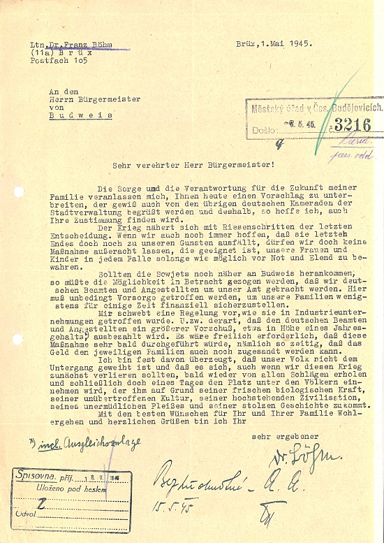 Originál jeho dopisu z 1. května 1945