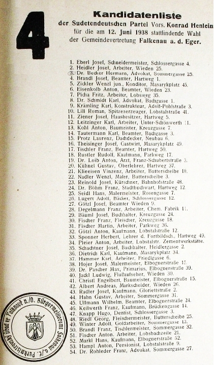 S číslem 24 na kandidátní listině Sudetoněmecké strany v tehdejším Falknově roku 1938
