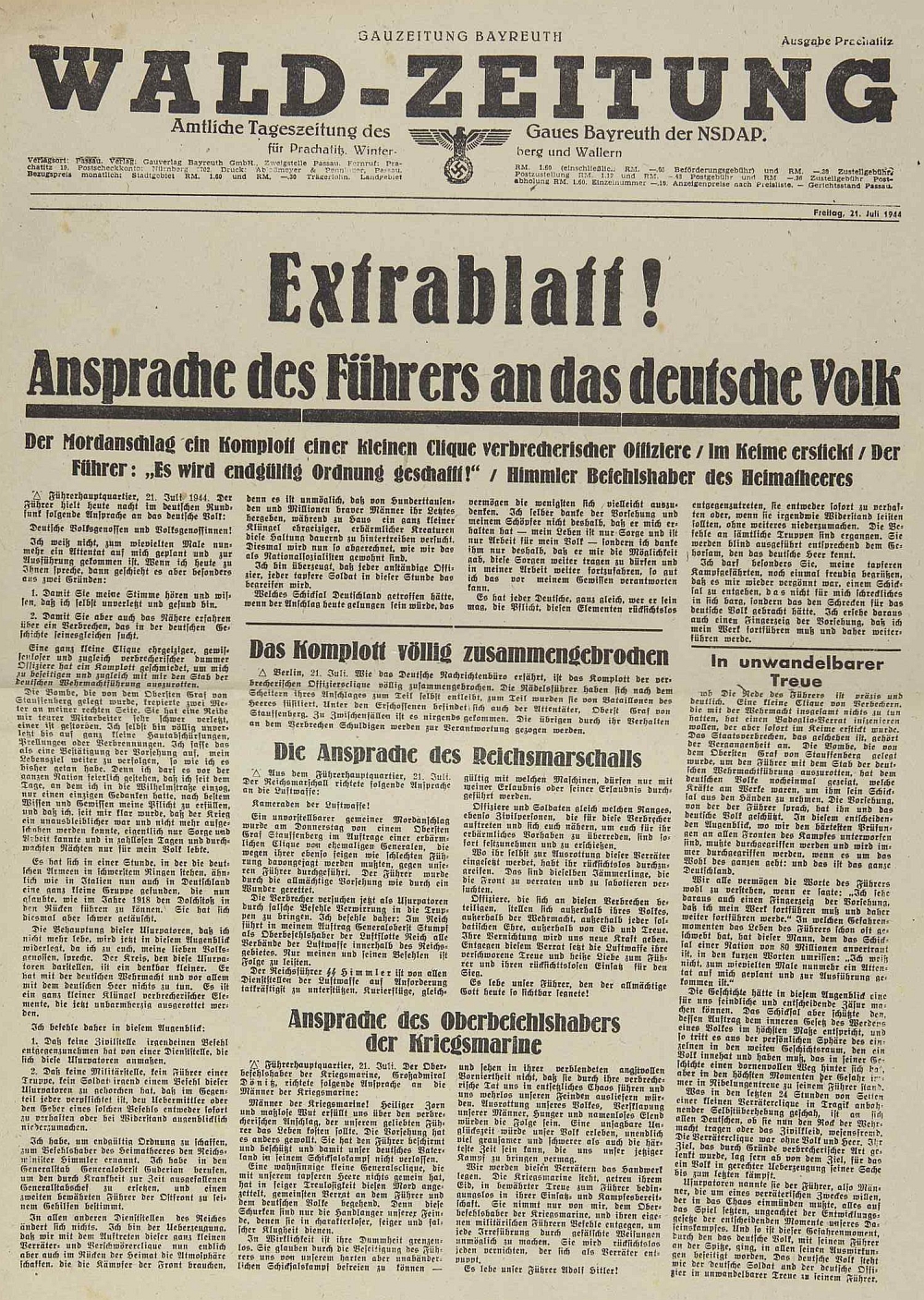 Do prachatické německé školní kroniky vlepená titulní strana deníku "Wald-Zeitung", župního tiskového orgánu NSDAP "Gau Bayreuth" (Prachatice k té župě toho roku 1944 ještě patřily!), po atentátu na Hitlera ani
neuvádějící jména "zločinných kreatur"