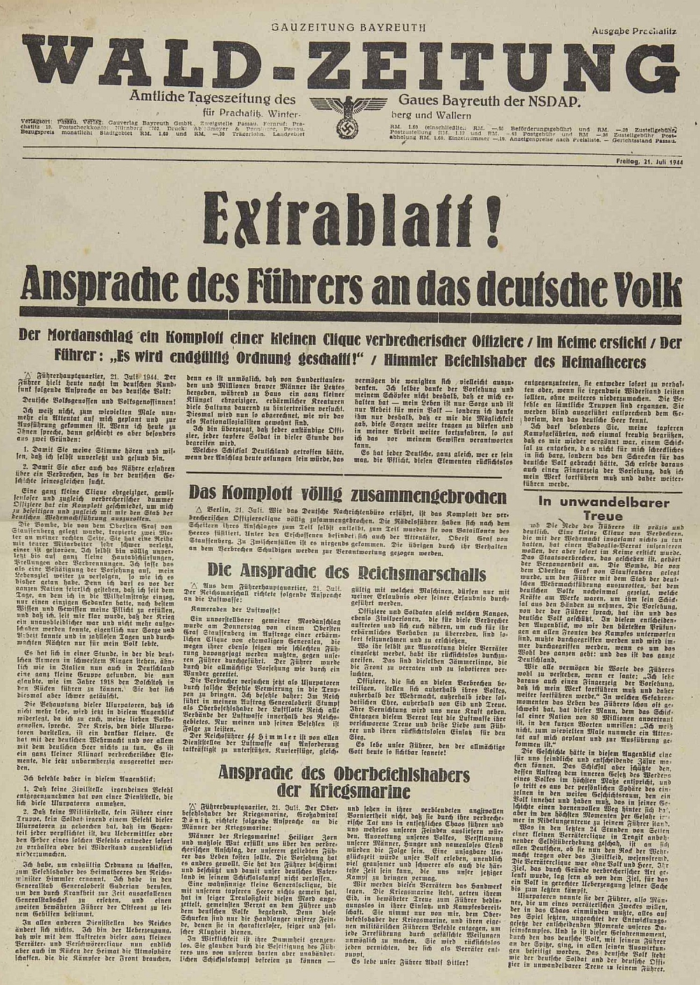 Do prachatické německé školní kroniky vlepená titulní strana deníku "Wald-Zeitung", župního tiskového orgánu NSDAP "Gau Bayreuth" (Prachatice k té župě toho roku 1944 ještě patřily!), po atentátu na Hitlera ani
neuvádějící jména "zločinných kreatur"