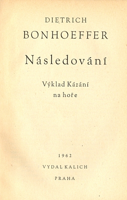 Obálka a titulní list (1962) českého překladu Následování z nakladatelství Kalich