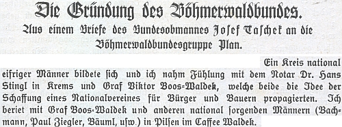 Pasáž z dopisu Josefa Tascheka o založení Böhmerwaldbundu zmiňuje Boose-Waldeka jako jednoho z hlavních iniciátorů projektu