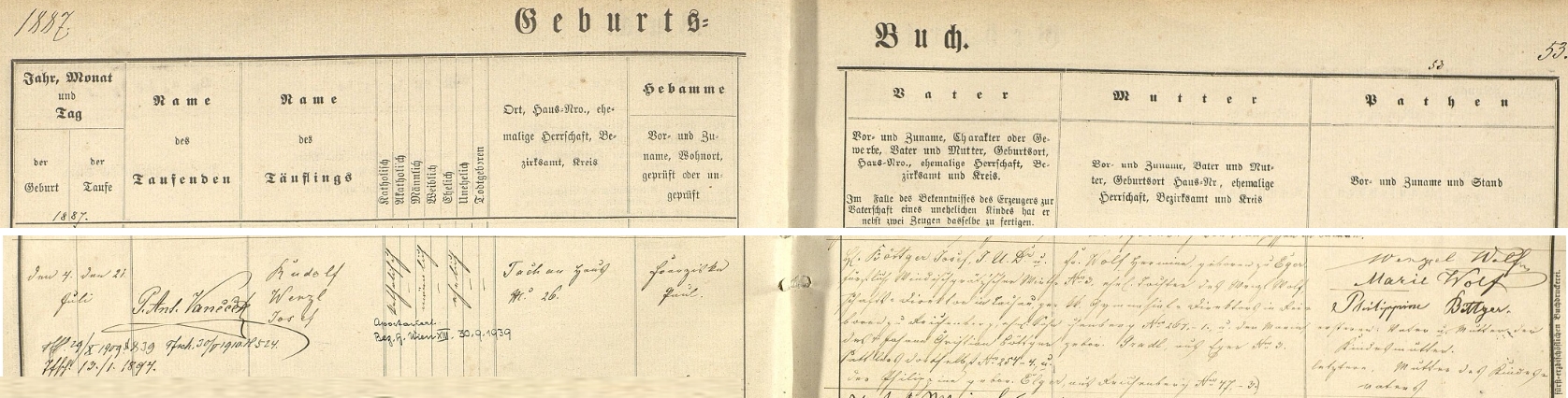 Záznam o jeho narození v tachovské křestní matrice s pozdějším přípisem o "odpadnutí od církve" (v originále "Apostasiert") ve Vídni koncem září roku 1939