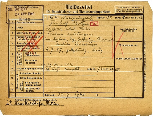 Jeho vídeňská pobytová přihláška (bydlel na Schwarzenberském náměstí) z roku 1940 - je na ní označen jako "gottgläubig" a svobodný