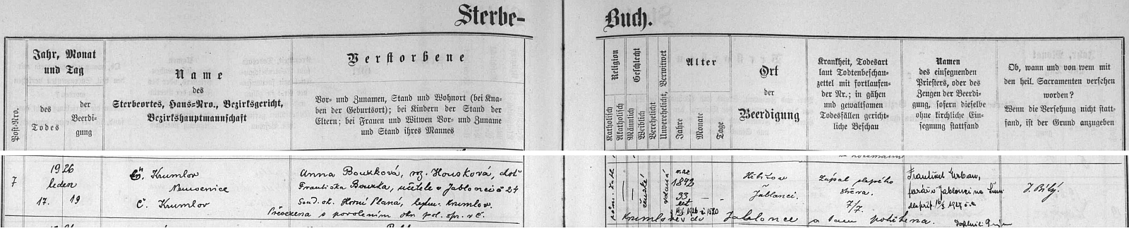 Záznam o úmrtí jeho první ženy v českokrumlovské knize zemřelých
