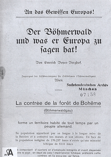 Obálka (1919) jeho brožury "ke svědomí Evropy" v kopii zaslané ze Sudetoněmeckého archivu v Mnichově