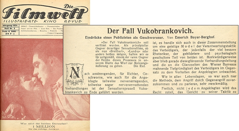 Záhlaví a úvod jeho článku ve vídeňském filmovém časopise z roku 1924 o senzačním procesu s herečkou Milicou Vukobrankovičovou, jinak učitelkou, která otrávila celou svou rodinu (viz o tom i obrazová příloha s titulem Travička u jména Antonie Pifflová) - za povšimnutí jistě stojí i obnosy, které představovala cena jednoho čísla časopisu a odměna v jeho čtenářské soutěži za časů rakouské poválečné inflace