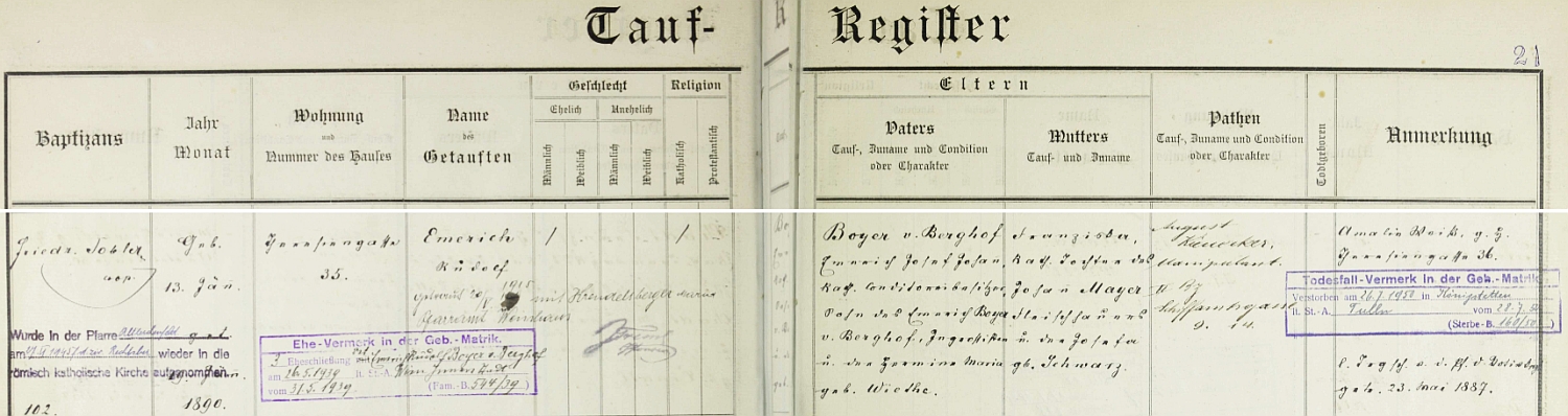 Záznam o jeho narození v křestní matrice vídeňské farnosti Waehring s přípisy o sňatcích, návratu do katolické církve a úmrtí