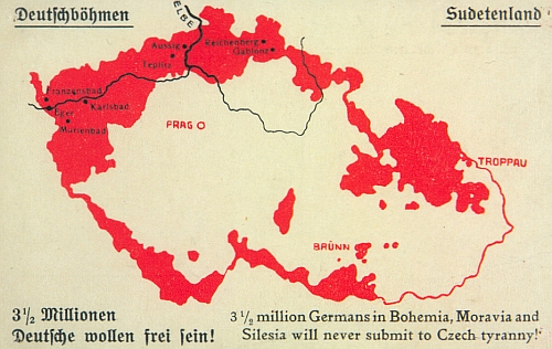 Na této mapce z období propagace "Deutschböhmen" (1918-1920) se žádá osvobození 3,5 milionu Němců od české tyranie německy i anglicky