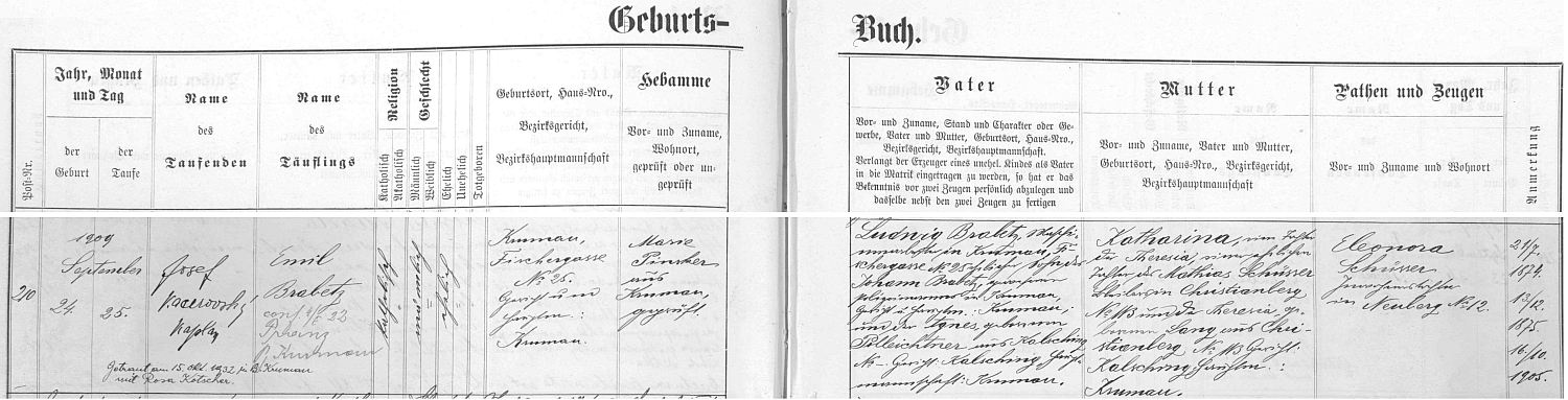 Záznam českokrumlovské křestní matriky o narození otcově i s pozdějším přípisem o svatbě rodičů