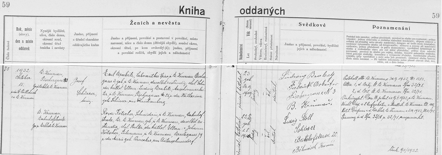 Záznam českokrumlovské oddací matriky o svatbě jejích rodičů