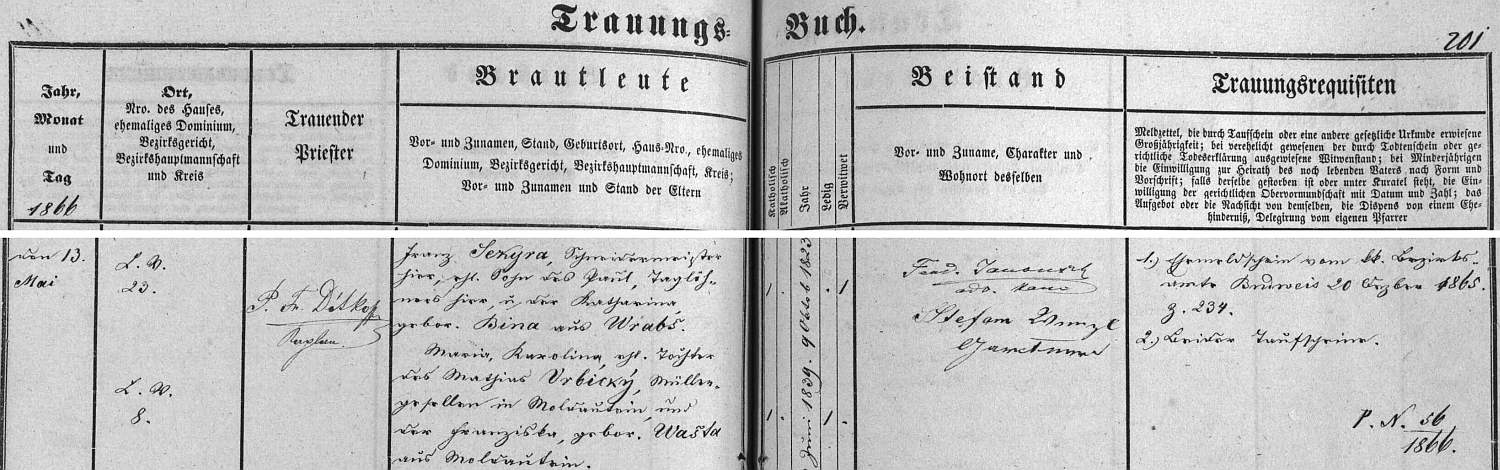 Záznam českobudějovické oddací matriky o první svatbě matčině s Franzem Sekyrou