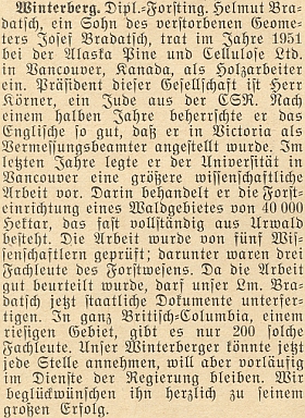 Zpráva o úspěchu vědecké práce jeho syna na stánkách krajanského měsíčníku v roce 1955