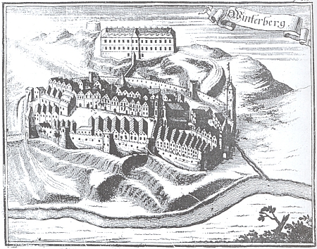 Stylizovaná představa Vimperka se zámkem z doby kolem roku 1700, mědirytina z díla P. Mauritia (Johanna Georga) Vogta (1669-1730) Das jetzt-lebende Königreich Böhmen (1712)