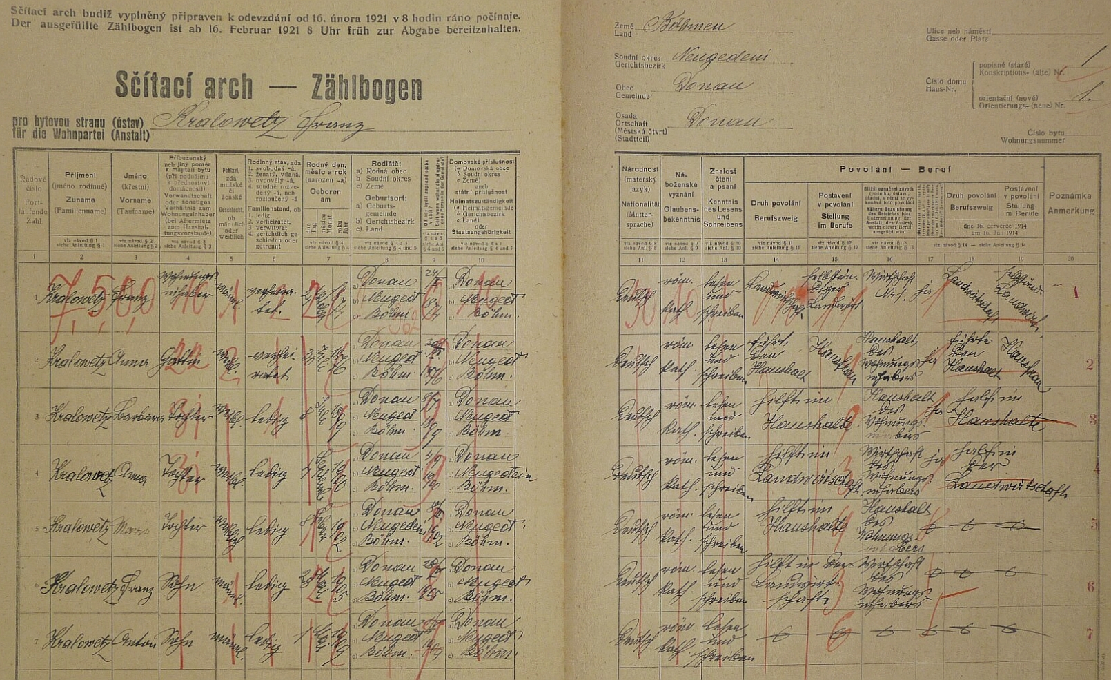 Arch sčítání lidu z roku 1921 pro dům čp. 1 v Hájku i s ním