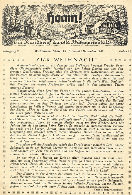 Titulní strana vánočního čísla krajanského měsíčníku z roku 1949, v němž je jeho báseň otištěna, s promluvou Monsignora Johanna Spannbauera, končící prosbou o "návrat do pozemského Nazaretu, našeho domova"