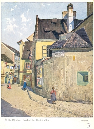 Další dvě pohlednice s Braunerovými obrazy ze starých Budějovic, jedna s českým,
druhá (opět s Rabenštejnskou věží) s německým textem