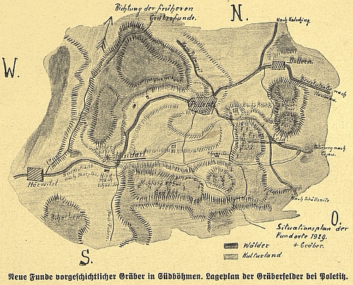 Mapka pravěkých nálezů u Boletic z roku 1929, kreslená zřejmě jím samým
