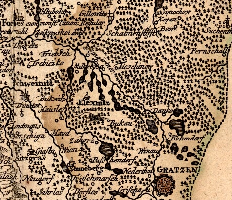 Na výřezu staré mapy z druhé poloviny 18. století vidíme kraj, o němž psal