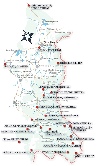 Jiná mapa skláren na Novohradsku uvádí (místy ovšem chybně) i německá jména osad